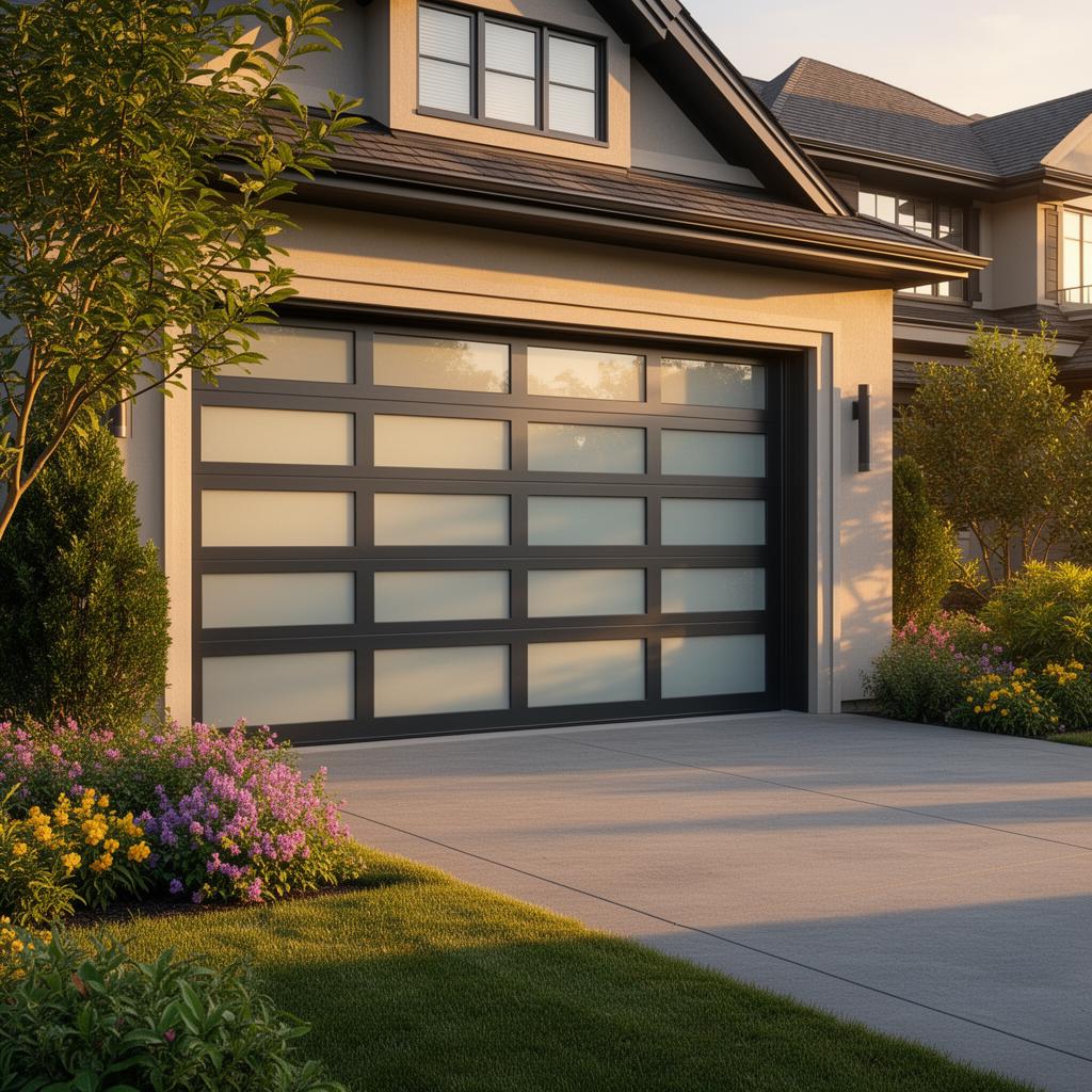 Modern steel garage door with frosted glass panels installed by Norman Garage Doors
